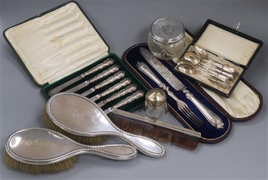 A case Victorian silver knife and fork, two other cased sets including Danish spoons and five other assorted items.